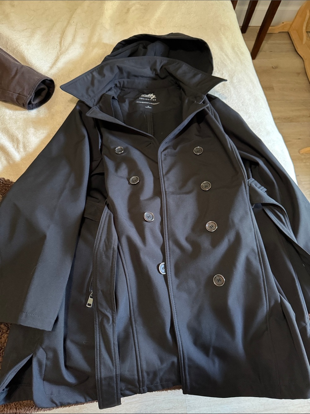Sebby Black Double-Breasted Pea Coat with Hood